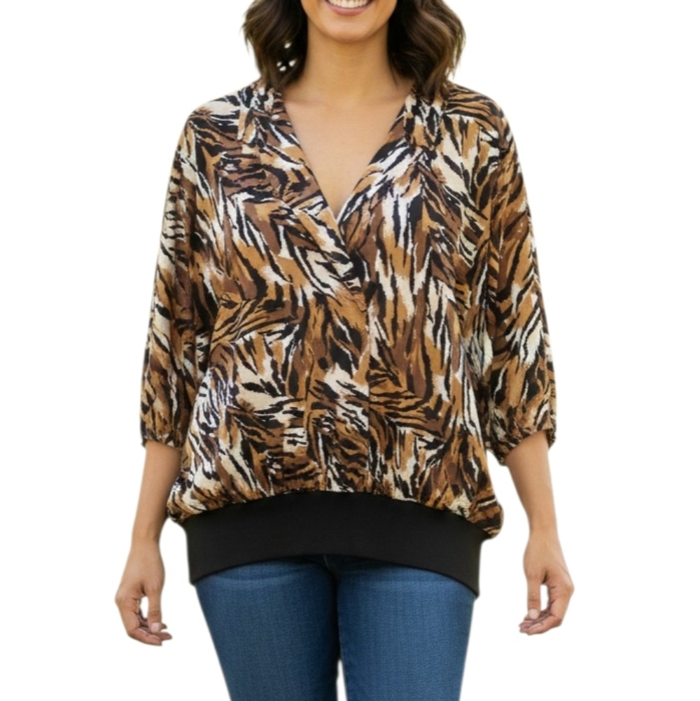 LADY SHAPELY Vintage Blouse Size 26W Animal Print V-Neck Plus Size Top